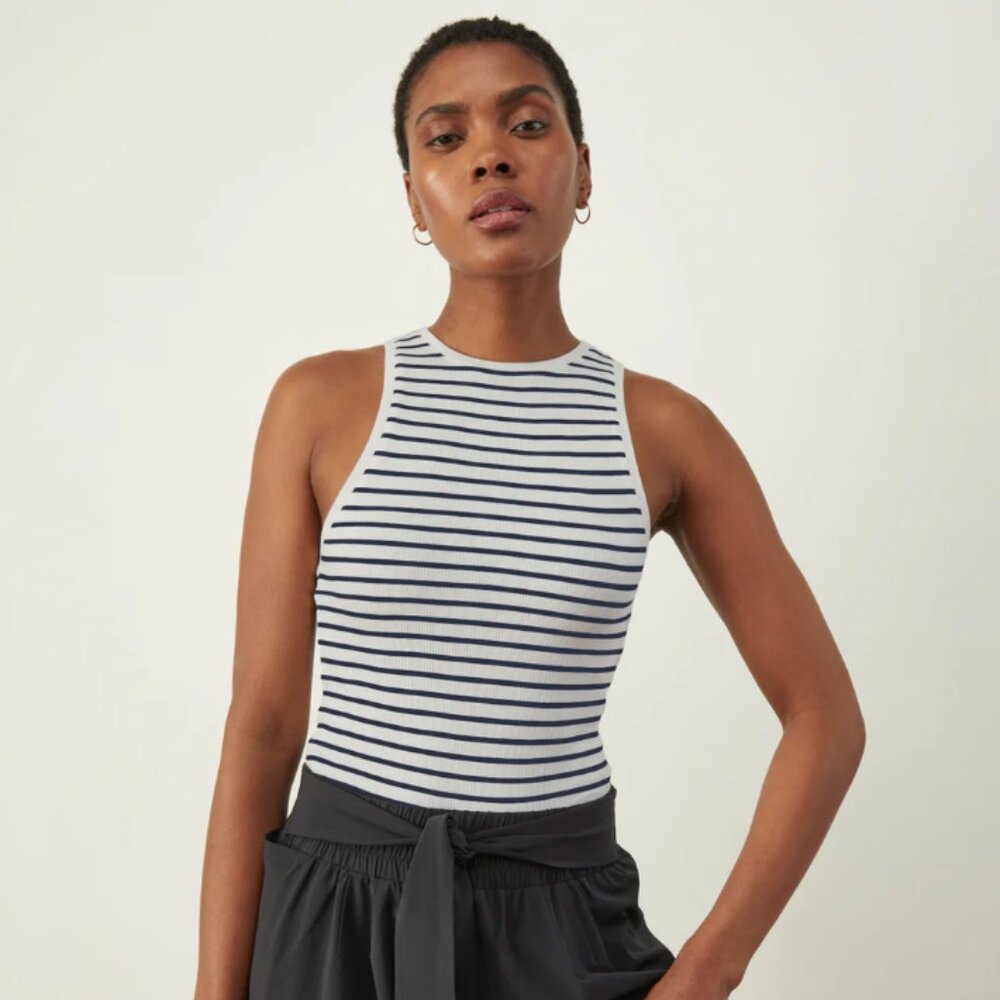 ADAY Dare To Layer Tank, Navy Striped, Size Medium